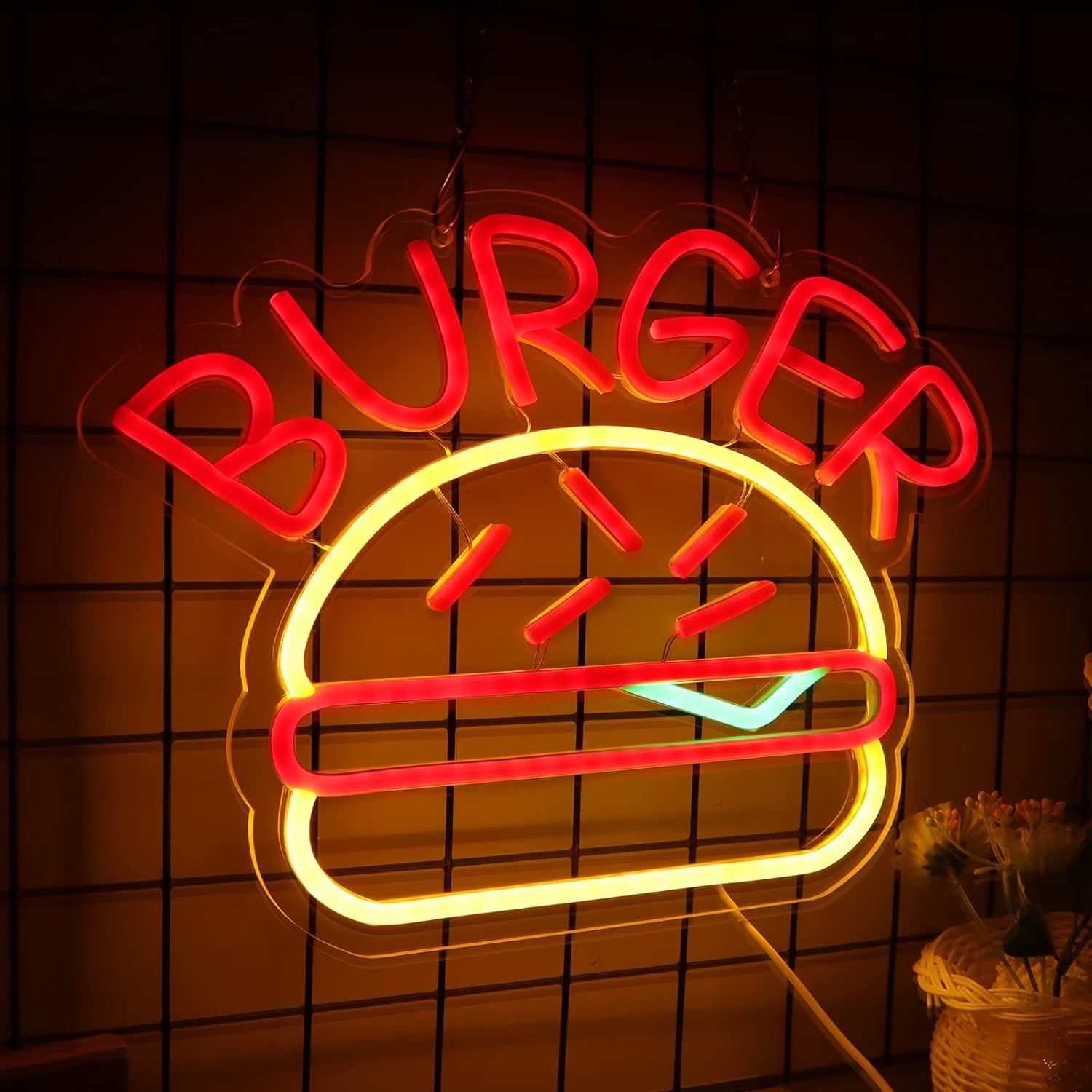 burger rasvjeta neonski logo na zidu